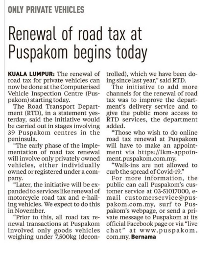 1.9.21 nst renewal roadtax at puspakom begins today