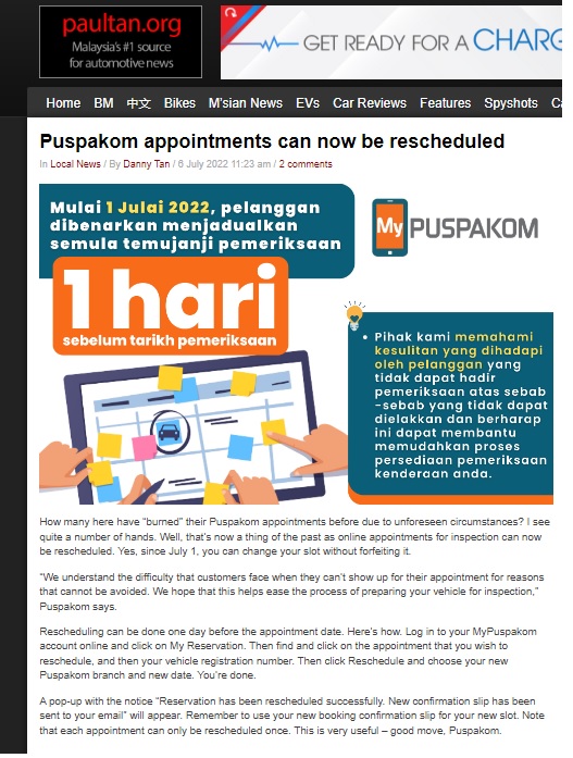 6.7.22 Paultan PUSPAKOM appointments can now be rescheduled